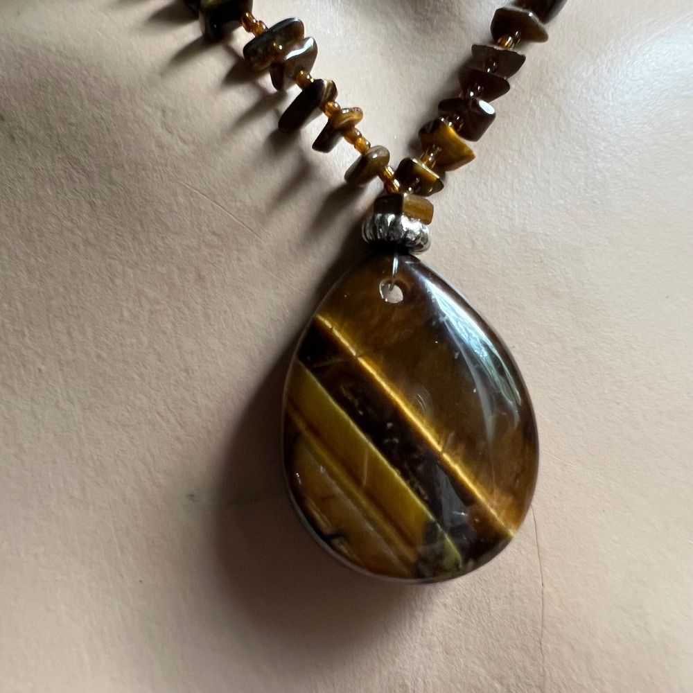 Vintage Tigers Eye Teardrop Pendant Beaded Necklace Brown Gold 18 Inch‎ 90s Boho